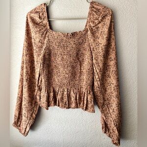 Lazy Sundays Tan Floral Smocked Blouse NWT